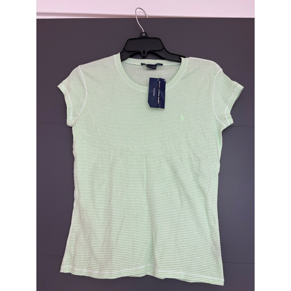 Ralph Lauren Sport Womens Lime Green White Striped Cotton T-Shirt Size M NWT